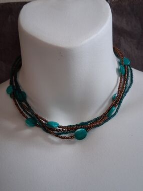 Teal Beaded Multi-Strand Necklace with Bronze Accents